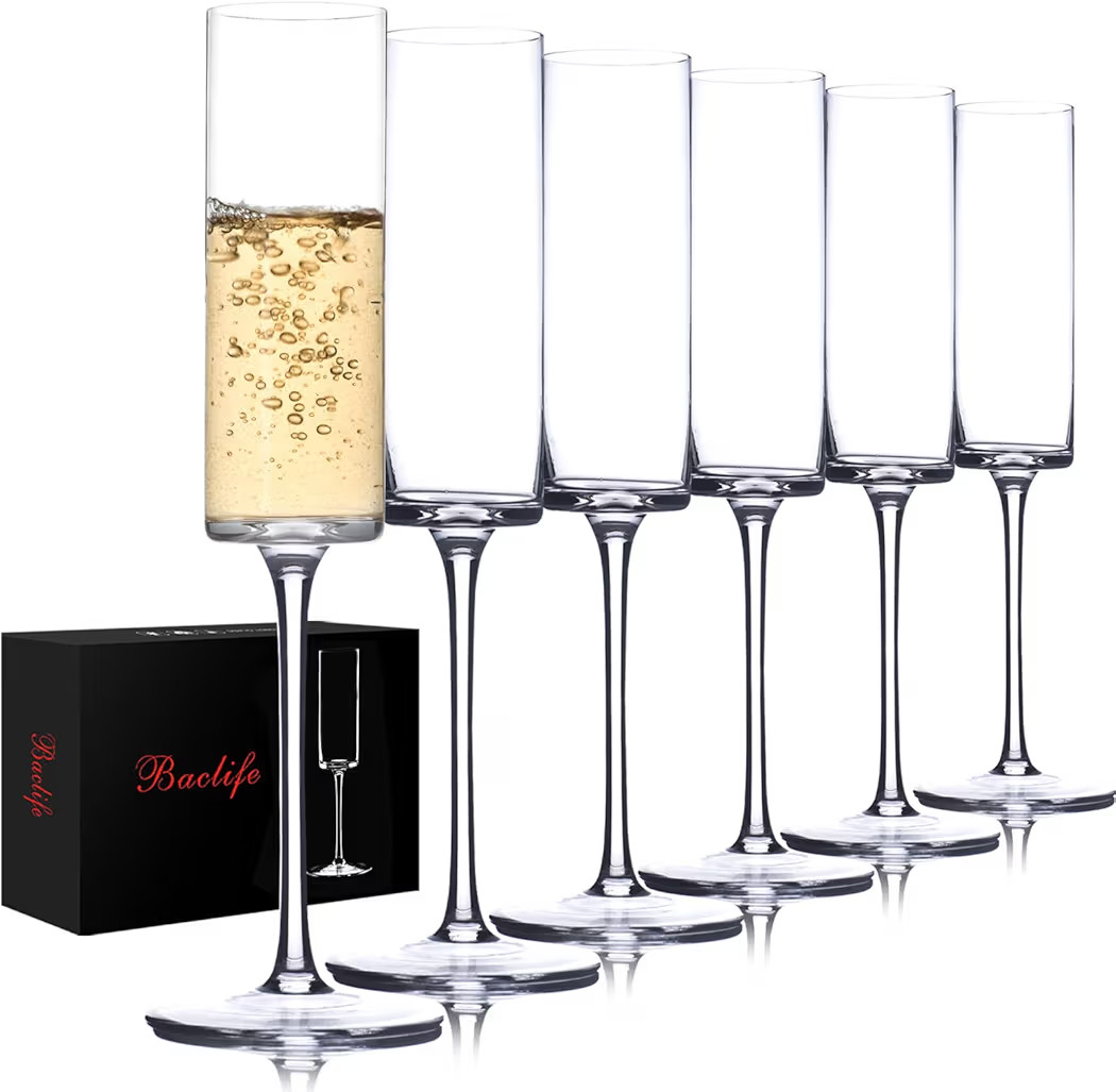 BACLIFE Crystal Champagne Flutes Set of 6 - Hand Blown Champagne Glasses With Long Stem - 6.5 oz ... | Amazon (US)