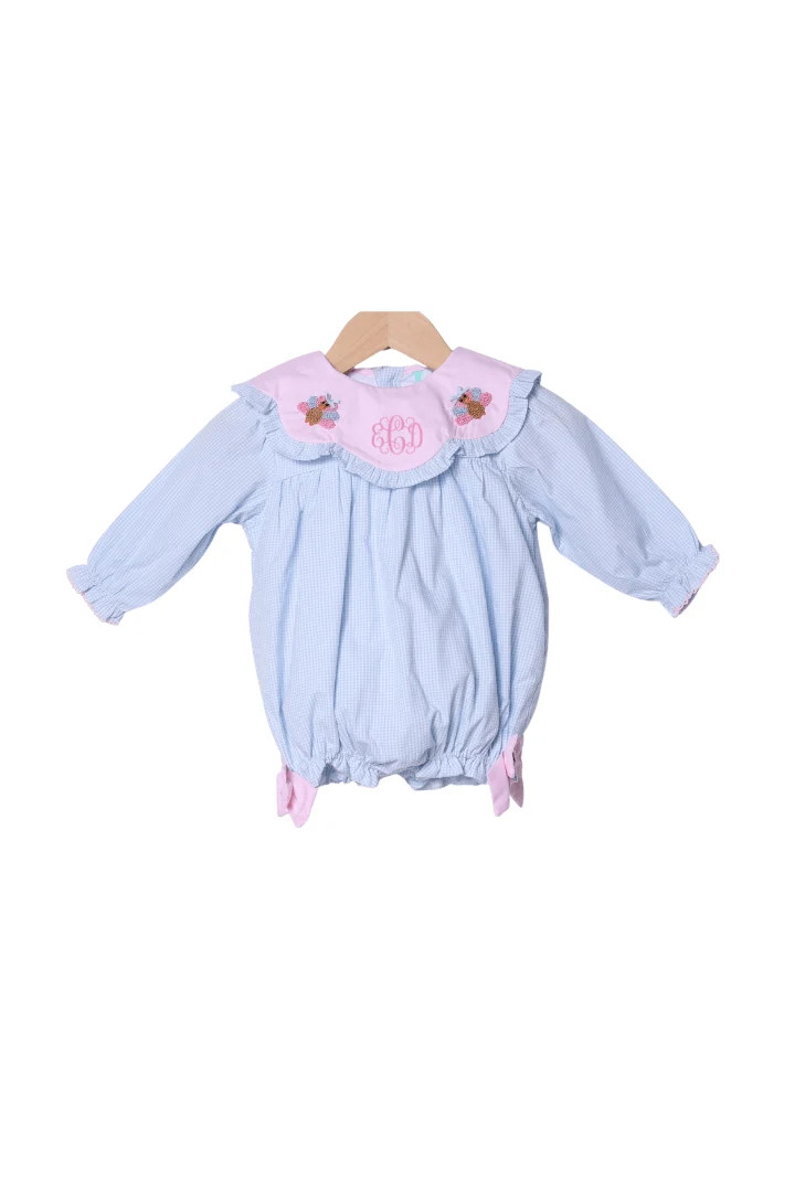 French Knot Turkey Blue Gingham Bow Bubble | The Smocked Flamingo