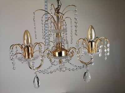 Gorgeous Vintage Glass(?) Crystal(?) Gold Metal Brass Chandelier Ceiling Light | eBay US