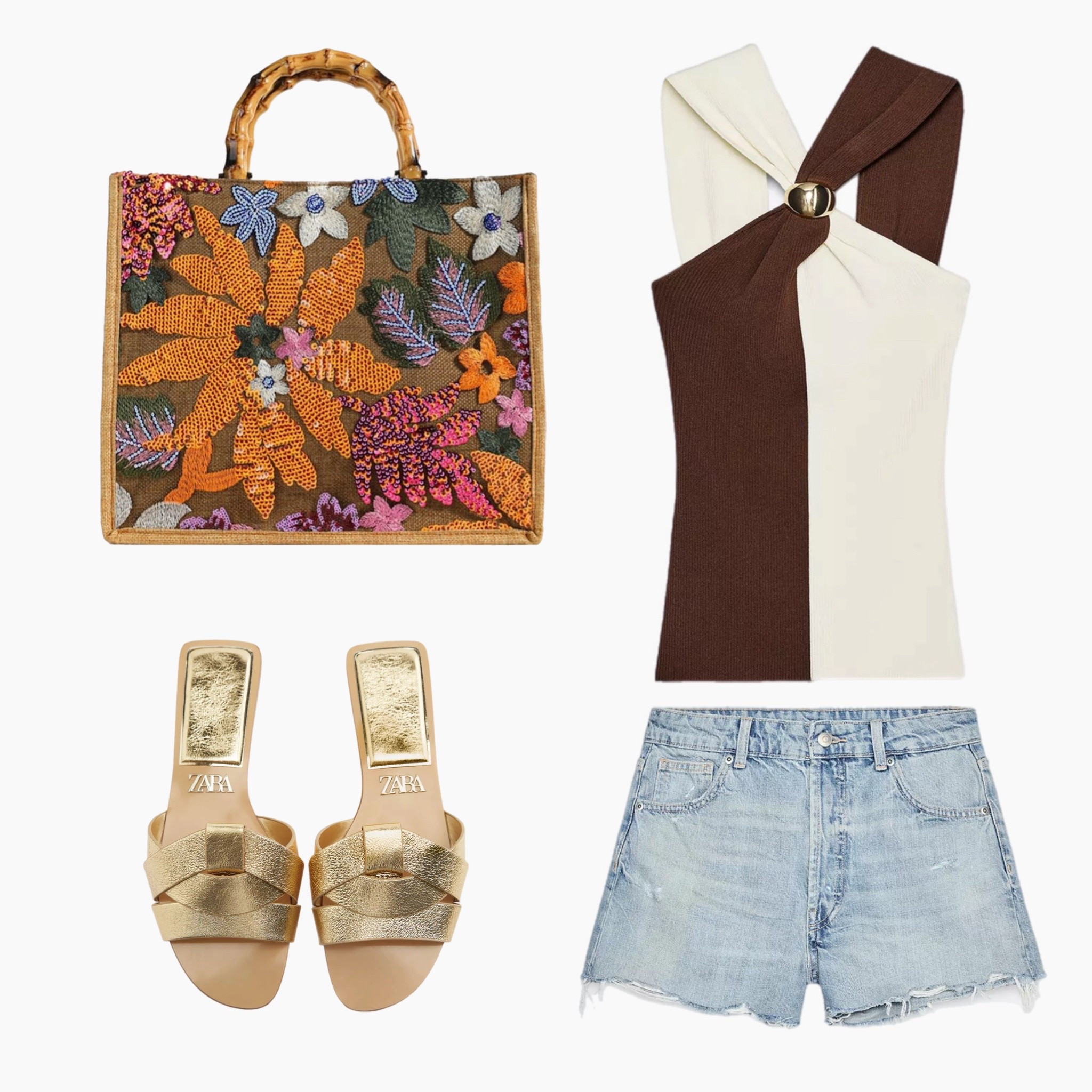 Casual resort chic ☀️ A color-blocked top, denim shorts, and gold slides make for the perfect laid-back yet polished vacation look—finished with a floral tote for that extra tropical flair. #ResortStyle #VacationOOTD #EffortlessChic #LTKResort #CasualGlam