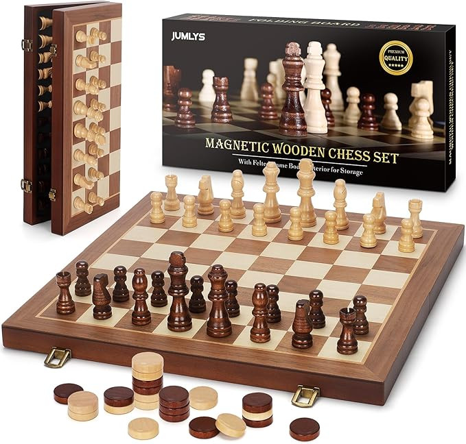2 in 1 Magnetic Chess Set & Checkers Board Game, 15" Wooden Folding Chess Board with 2 Extra Quee... | Amazon (US)