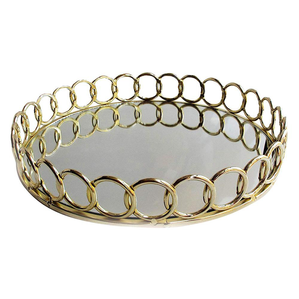American Atelier 15 in. x 3.5 in. Looped Gold Metal and Glass Round Serving Tray | The Home Depot