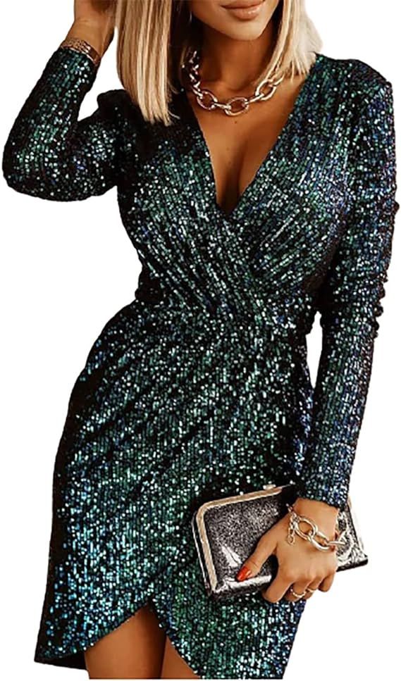 DUBACH Women Tassels Sleeve Glitter Sequin Bodycon Mini Party Dress Night Clubwear | Amazon (US)