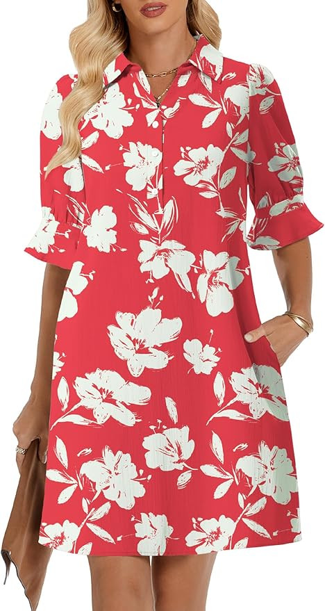 FENSACE Womens Casual Shirt Dress Ruffle Sleeve Button Down Shift Summer Dresses with Pockets | Amazon (US)