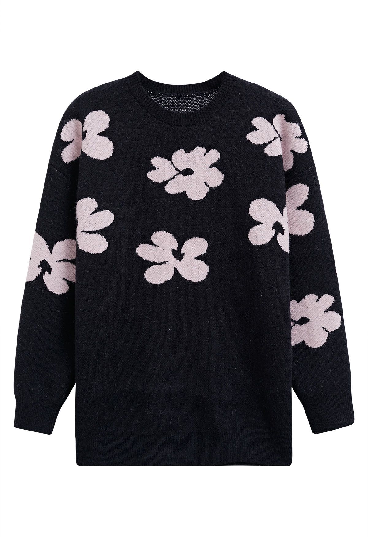 Contrast Flower Pattern Knit Sweater in Black | Chicwish