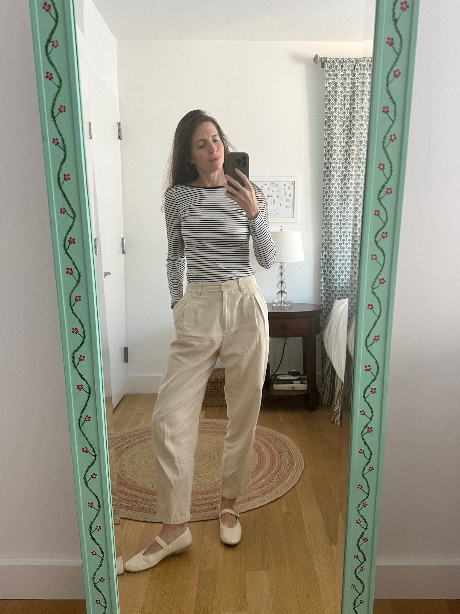 Still Summer/Fall here in New York. Just when you think it’s going to turn, the temps go right back up. So I’ve settled on light weight pants and long sleeved body suit with mary janes.

#LTKOver40 #LTKSeasonal