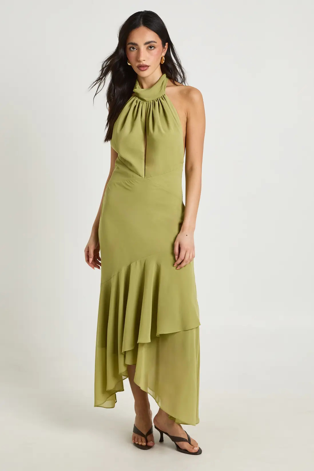 Olive Chiffon High Neck Flower Detail Asym Hem Midaxi Dress | Boohoo | Boohoo.com (UK & IE)