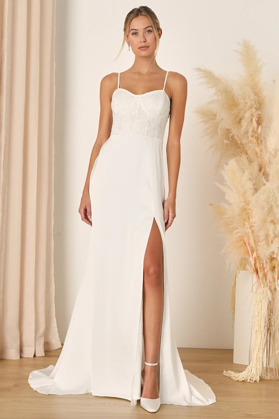 Elevated Glamour White Satin Sequin Bustier Mermaid Maxi Dress | Lulus (US)