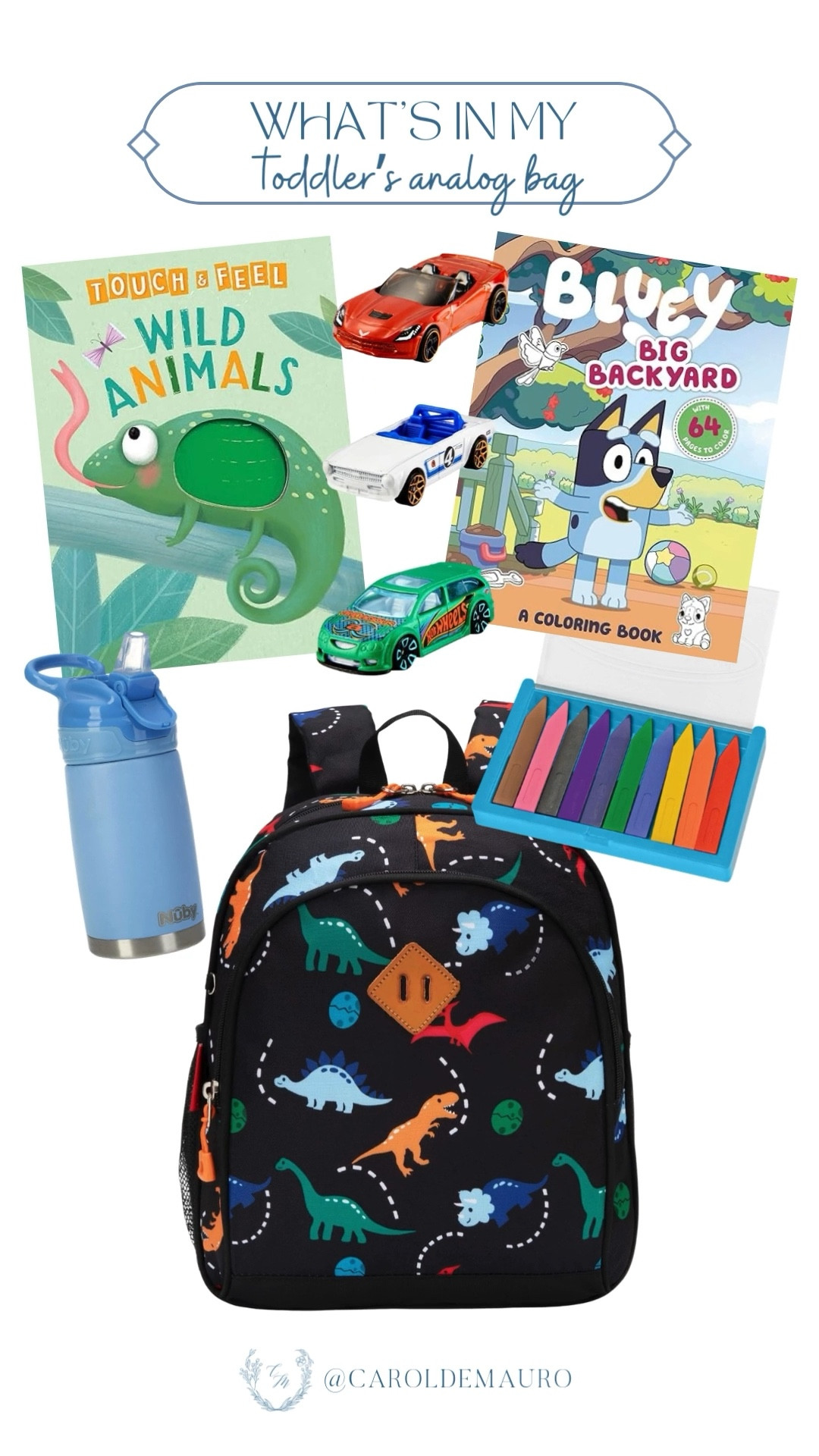Analog bag, but make it for toddlers! Grab this cute dinosaur bag and fill it with a Bluey coloring book, miniature car toys, a blue sippy tumbler, and triangular crayons.

amazon finds, 2026 trend, toddler ootd, travel essentials, parenting tips, on the go activity, gifts for kids, kids must haves, hot wheels

#LTKKids #LTKmomlife #LTKU
