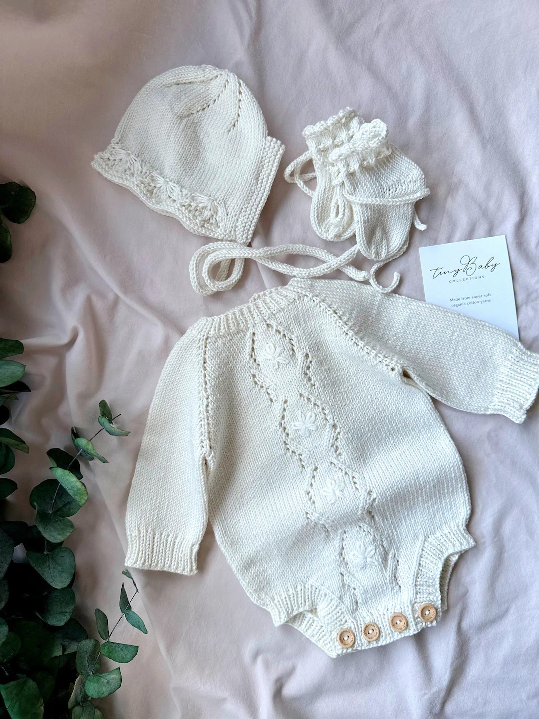 White Knit Baby Romper and Bonnet Set: Organic Cotton Outfit - Etsy | Etsy (US)
