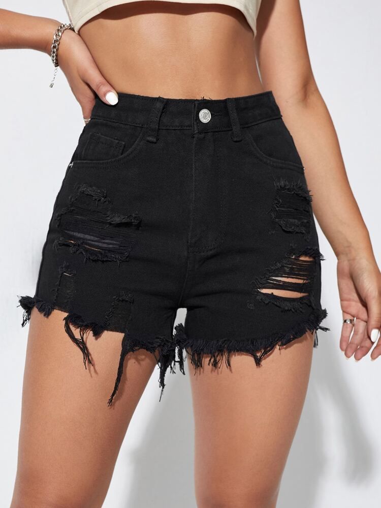 Raw Hem Ripped Denim Shorts | SHEIN