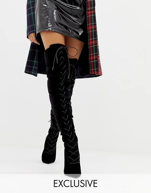 ASOS DESIGN x LaQuan Smith padded over the knee heeled boot in velour | ASOS US
