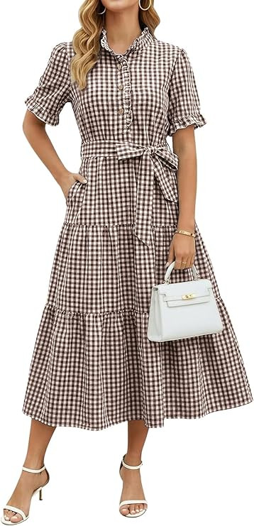 ebossy Women's Vintage Plaid Polo Shirt Dress Ruffled Collar Short Sleeve Loose Mid Long Gingham ... | Amazon (US)