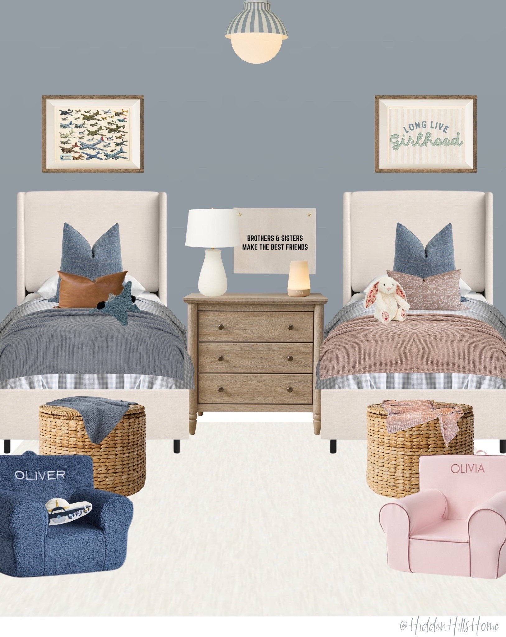 Shared kids room decor ideas, sibling bedroom mood boards, kids room decor ideas, home decor, nightstands, washable rug 
Wall color is SW Let It Rain

#LTKHome #LTKSaleAlert #LTKKids