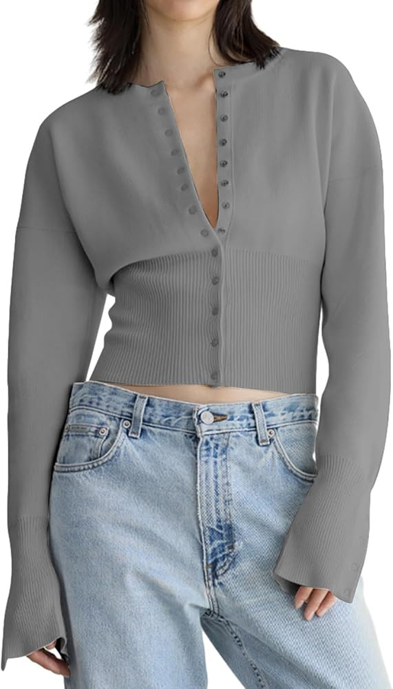 Mieeyali Women 2023 Fall Long Sleeve Open Front Button Down Knit Cardigan Sweaters Corset Sweater... | Amazon (US)