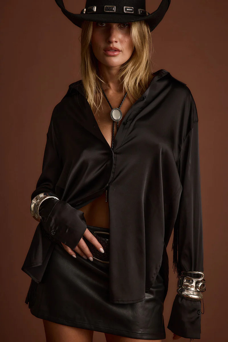 Santana Black Fringe Button Up Top | 12th Tribe