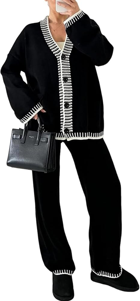 Women’s 2 Piece Outfits Lounge Set Knit Cardigan Sweater and High Waist Pants Matching Loungewe... | Amazon (US)