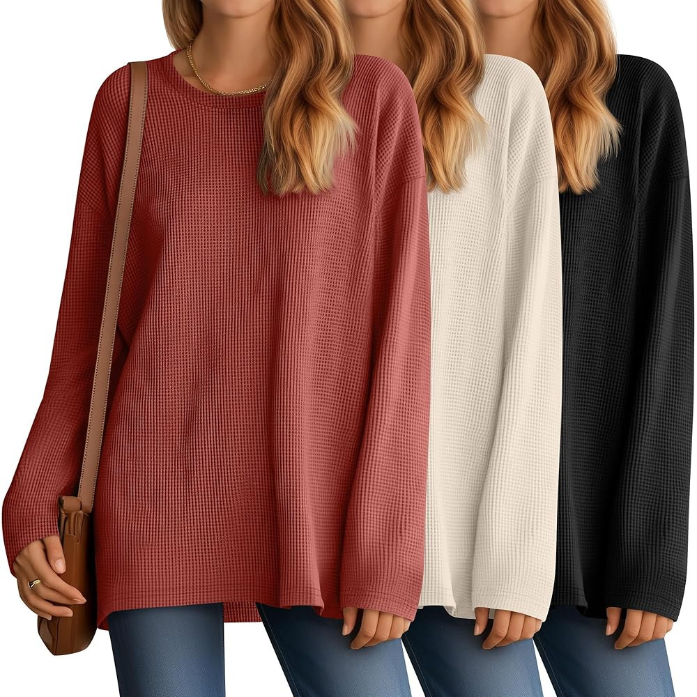 3 Pack Women Waffle Knit Oversized Long Sleeve Shirts Cotton Tops Drop Shoulder Crewneck Pullover... | Amazon (US)