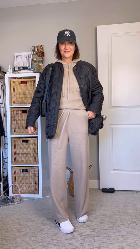 Coziest matching set - cashmere and so soft! And 20% off with code CBS20!
I’m 5’ 7” wearing my usual size S in the pants and hoodie.
Also wearing S in the lightweight quilted jacket, it’s an oversized fit (50% off!).
Sneakers fit tts.
Also linked my bag, it’s pricy but such nice quality and I love that the strap is adjustable 
