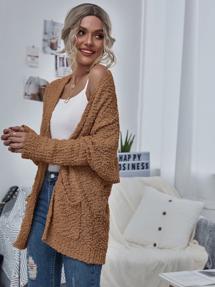 Open Front Popcorn Knit Cardigan | SHEIN