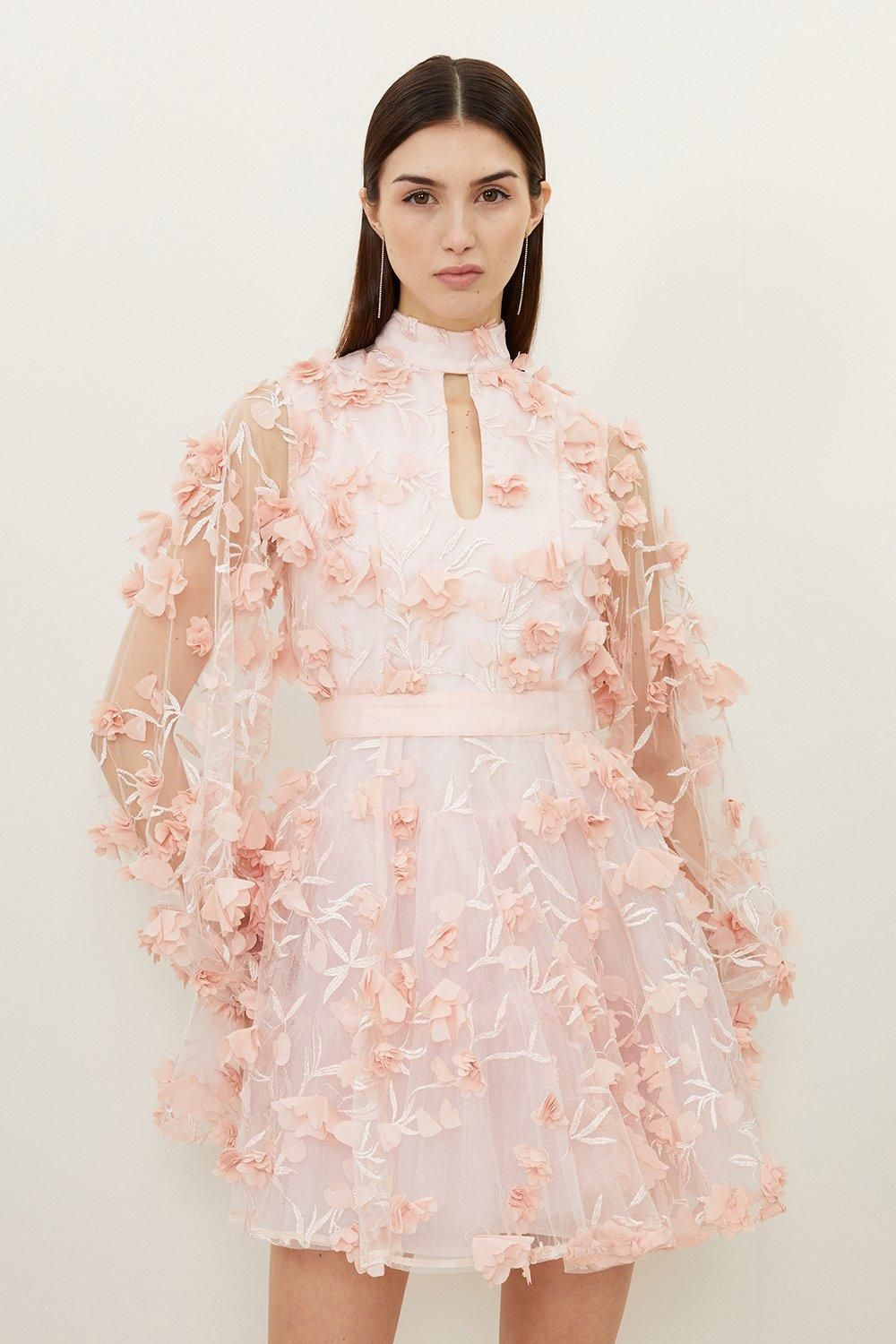 Floral Applique Woven Mini Dress | Karen Millen US