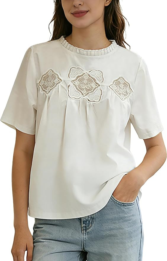 Women Ruffle Crew Neck Blouse Short Sleeve Lace Embroidered Loose Fit Babydoll Casual Tops for Sp... | Amazon (US)