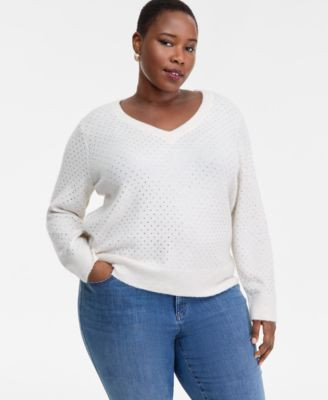 I.N.C. International Concepts Plus Size Embellished V-Neck Sweater, Macy's Exclusive  - Macy's | Macy's