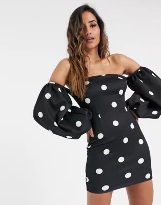 True Violet exclusive bardot balloon sleeve mini dress in oversized polka dot print | ASOS UK