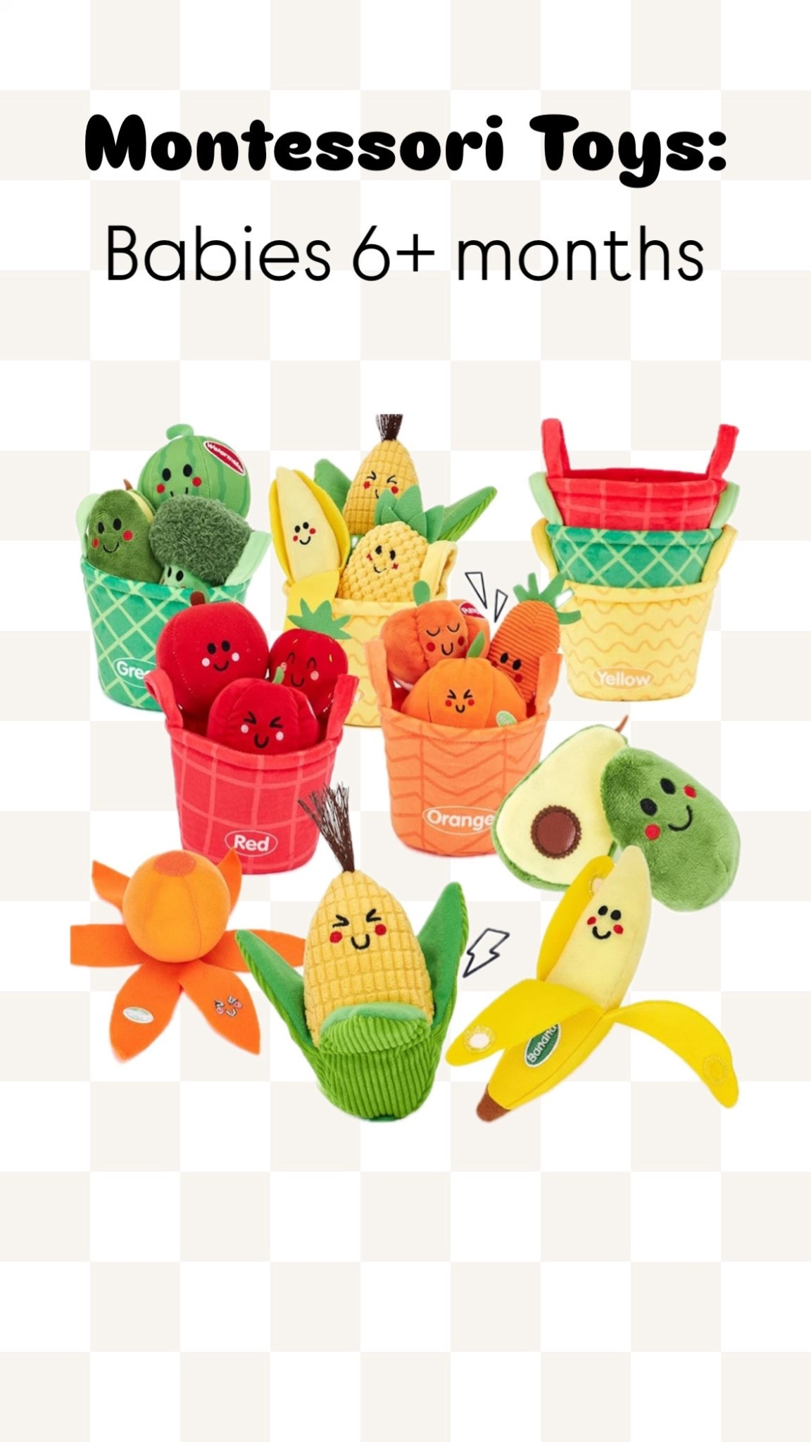 Montessori Toys for Babies 6+ Months 🌱✨
These soft, plush fruit + veggie toys are perfect for sensory play, color recognition, and early learning! 🍎🥑🌽 Each piece encourages fine motor skills, imaginative play, and introduces your baby to healthy foods through texture + touch. Montessori aligned, safe for teething, and engaging for little hands. Great for tummy time, play baskets, or learning colors!

🧺 What’s included:
	•	Plush strawberries, peas, and avocado for sensory exploration 🥑🍓
	•	Corn, carrots, and banana with crinkle + textured details 🌽🍌
	•	Sorting baskets to encourage categorizing + color recognition 🎨

✨ Montessori baby toys | 6 month old learning toys | sensory play | fine motor skills | plush fruits & veggies | early learning toys | baby playtime essentials

#LTKBaby #LTKHome #LTKFamily