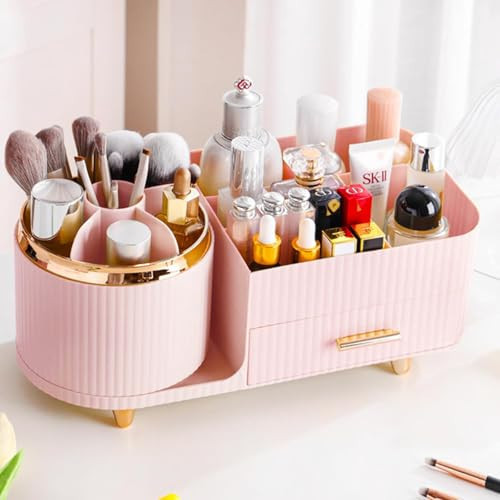 Rotating Makeup Organizer for Vanity with Brush Holder and Drawer, Cosmetic Makeup Storage, Large Spinning Makeup Skincare Organizer, Countertop Makeup Perfume Organizer, Lotions Display Case (Pink) | Amazon (US)