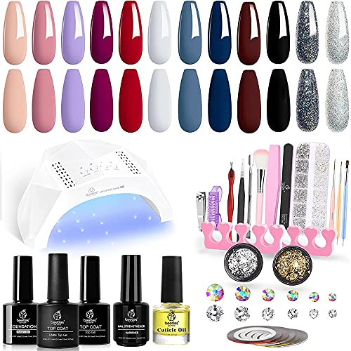 Beetles 12 Colors Gel Nail Polish Starter Kit with U V Light 48W LED Nail Lamp Gel Base Top Coat Nud | Amazon (US)
