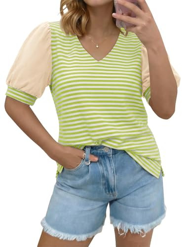 Amazon.com: Tankaneo Womens Puff Sleeve Striped T-Shirts Summer V Neck Color Block Tops Trendy Ca... | Amazon (US)