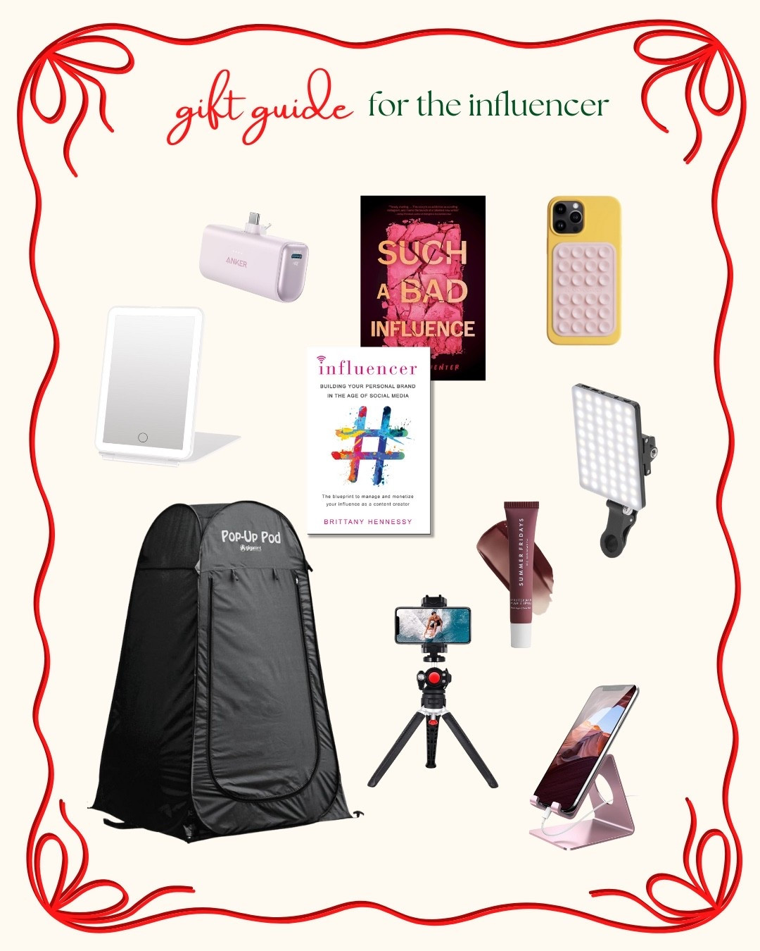 Have a friend in your life who creates content for a living (or maybe is just the photographer of your friend group?) These are the influencer essentials to gift this time of year. First for tech and gear—a handheld tripod that works for a phone and camera is a must. I also think you can never have enough backup chargers or phone stands. I also love the pop-up pod to change outfits if you’re on the go and shooting multiple looks. Plus if they’re into books read Influencer to level up your business and Such a Bad Influence is a mystery novel about what happens when a child influencer goes missing during a livestream. 

#LTKHoliday #LTKGiftGuide #LTKFindsUnder100