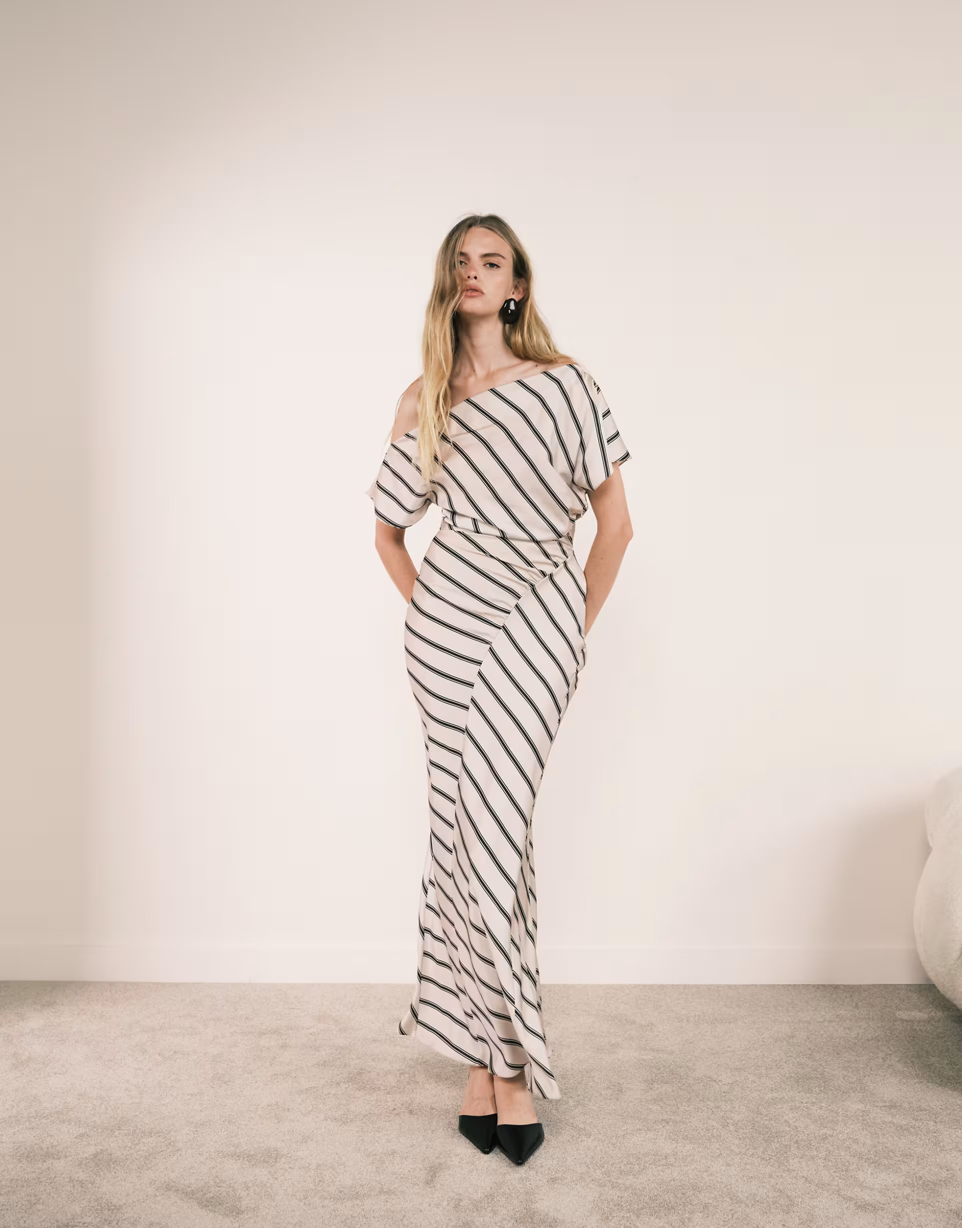 ASOS DESIGN draped asymmetric neck maxi dress in stripe | ASOS (Global)