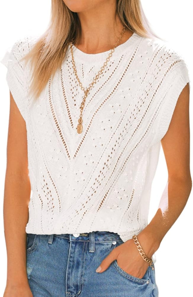 Langwyqu Womens Cap Sleeve Tops Summer Crew Neck Shirt Lightweight Crochet Knit Sweater | Amazon (US)