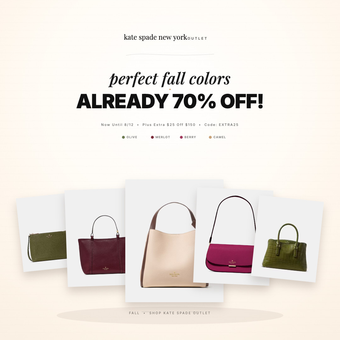 Perfect Autumn colors already 70% off?! 🍂

I rounded up the best autumn tones from Kate Spade Outlet — olive, merlot, berry + camel — all up to 70% off until 8/12 plus extra $25 off $150.

These will sell out before September. Shop on my LTK 🤎

@katespade
#LTKFALL #LTKSeasonal #LTKSaleAlert #LTKitbag #katespadeoutlet #katespade #fallbagtrends #LTKFallSale 

 #LTKootd #LTKSaleAlert #LTKTravel