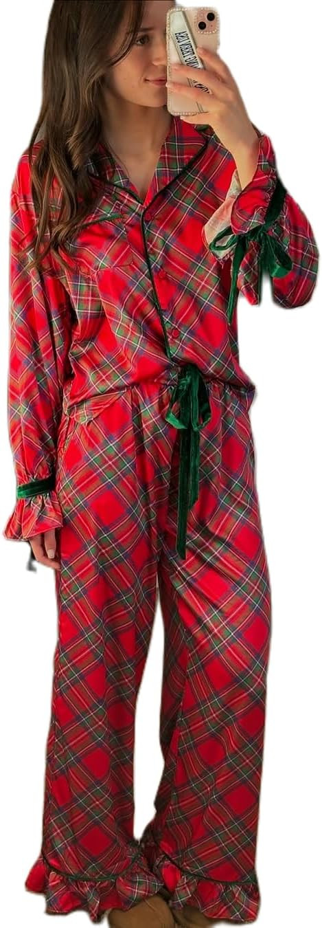 Meiweileya Women Christmas Pajamas Sets for Women Satin Silk Bow Santa Print Cute Pj Pajama Set X... | Amazon (US)