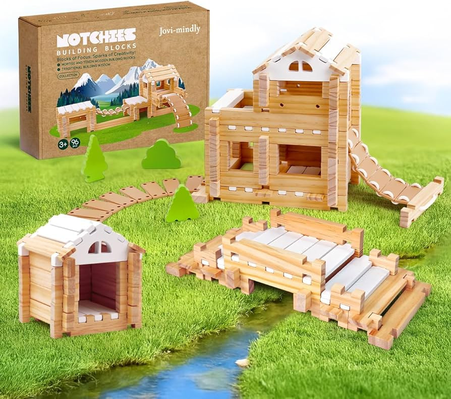 Jovi-mindly＆Notchies 96 PCS Wooden Blocks Wooden Toys with Storage Bag, Preschool Learning Toys... | Amazon (US)