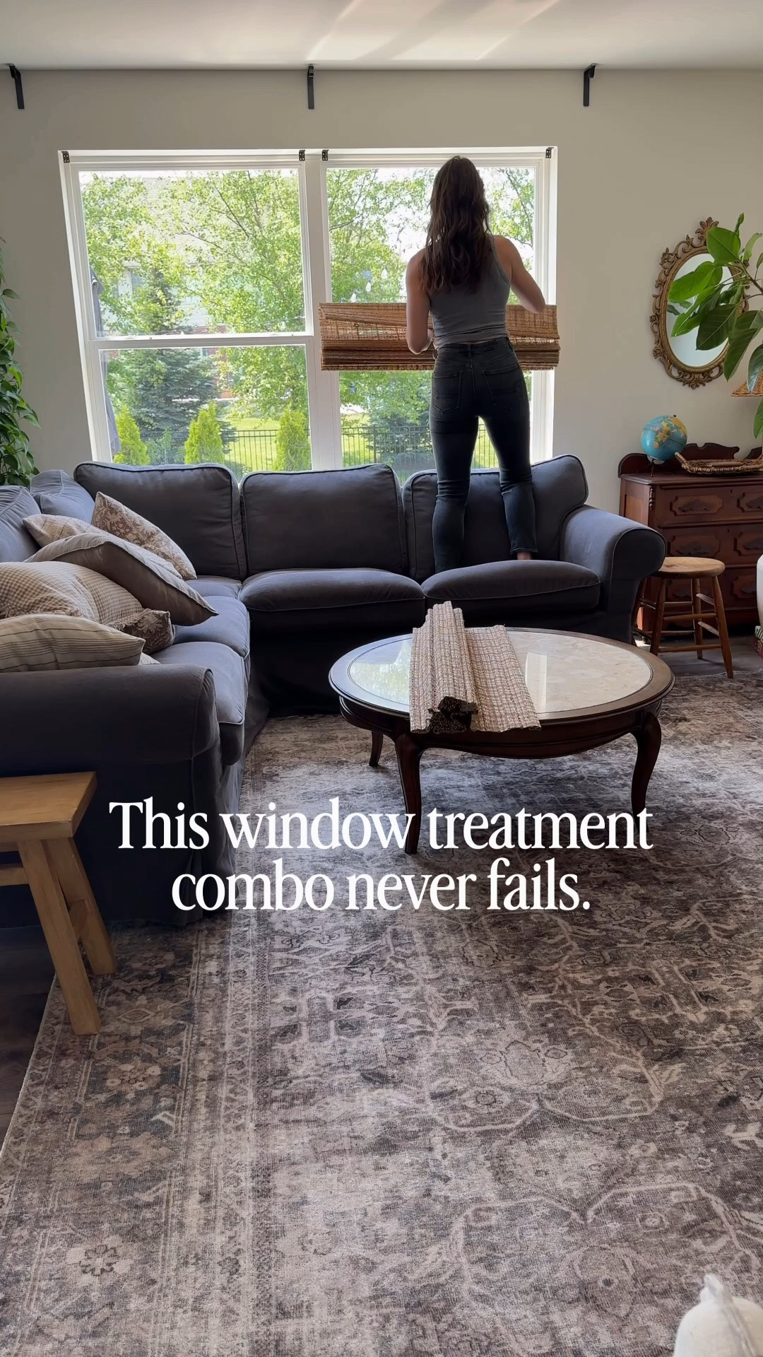 The window treatment combo that never fails: bamboo shades (available in a no-drill option) layered with cream light-filtering curtains. 

I have the Cinnamon bamboo shades paired with Ivory White privacy-lined triple pleat curtains.

Use my code “ASHLEYLYN” for 22% off when order on the TWOPAGES website.

#LTKHome