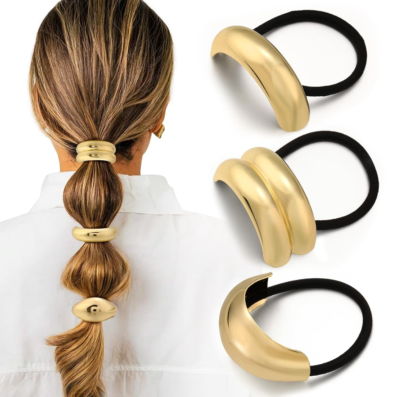3PCS Metal Hair Ties, Elastic Gold Hair Ties for Think Hair, Elegant and Durable Geometric Design, Stretchy and Non-Damage, Ponytail Holders, 3 Styles in Box | Amazon (US)