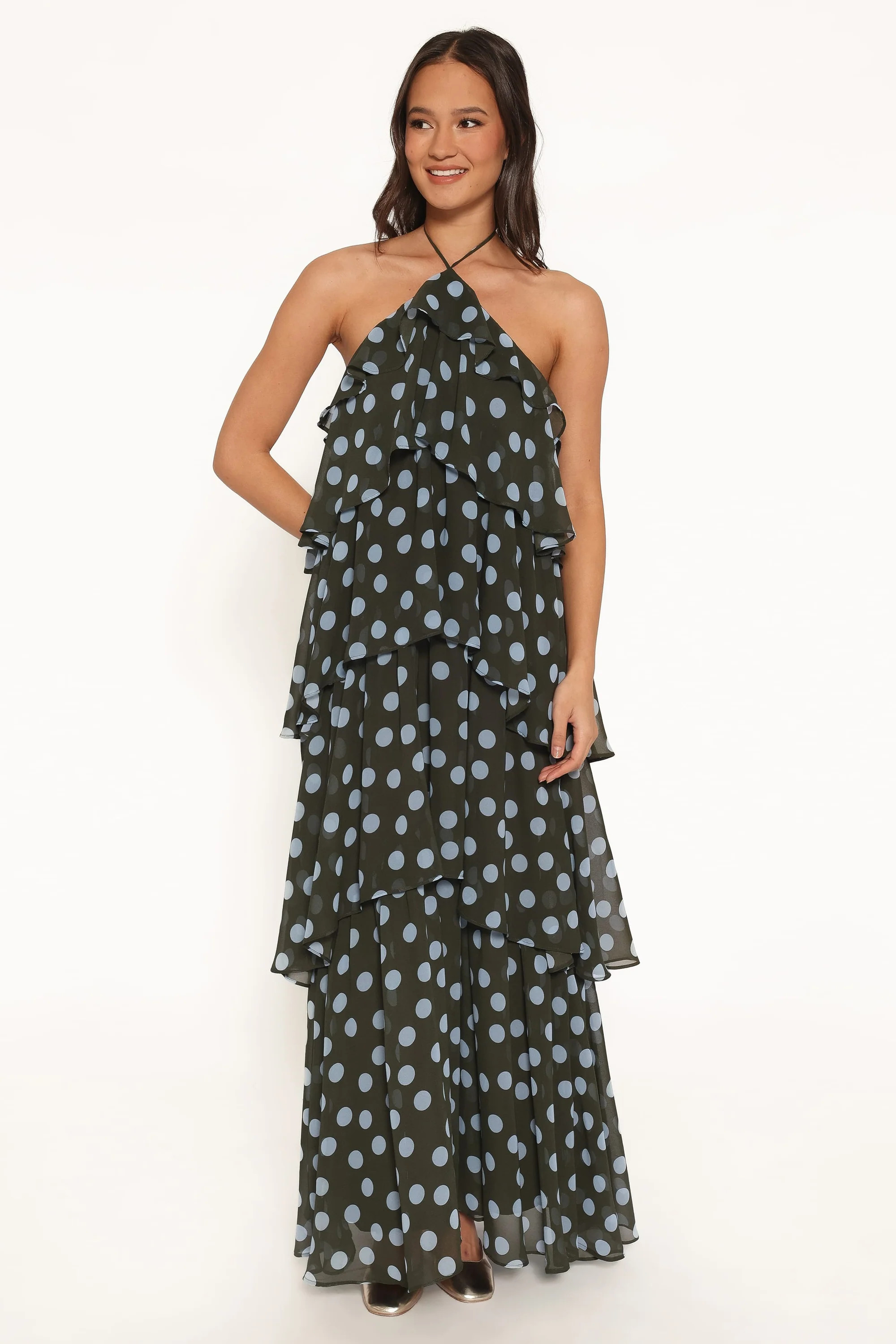 Chasity Halterneck Maxi Dress - Olive Polka Dot | Petal & Pup (US)