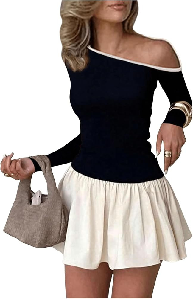 GORGLITTER Women's One Shoulder Tees Top Long Sleeve Asymmetrical Neck Contrast Binding T Shirt T... | Amazon (US)