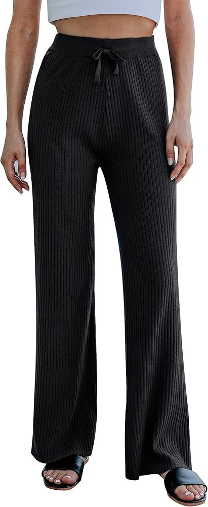 Cowasto Women's Casual Ribbed Knit Pants Elastic Waist Tie Front Wide Leg Sweater Pants | Amazon (US)