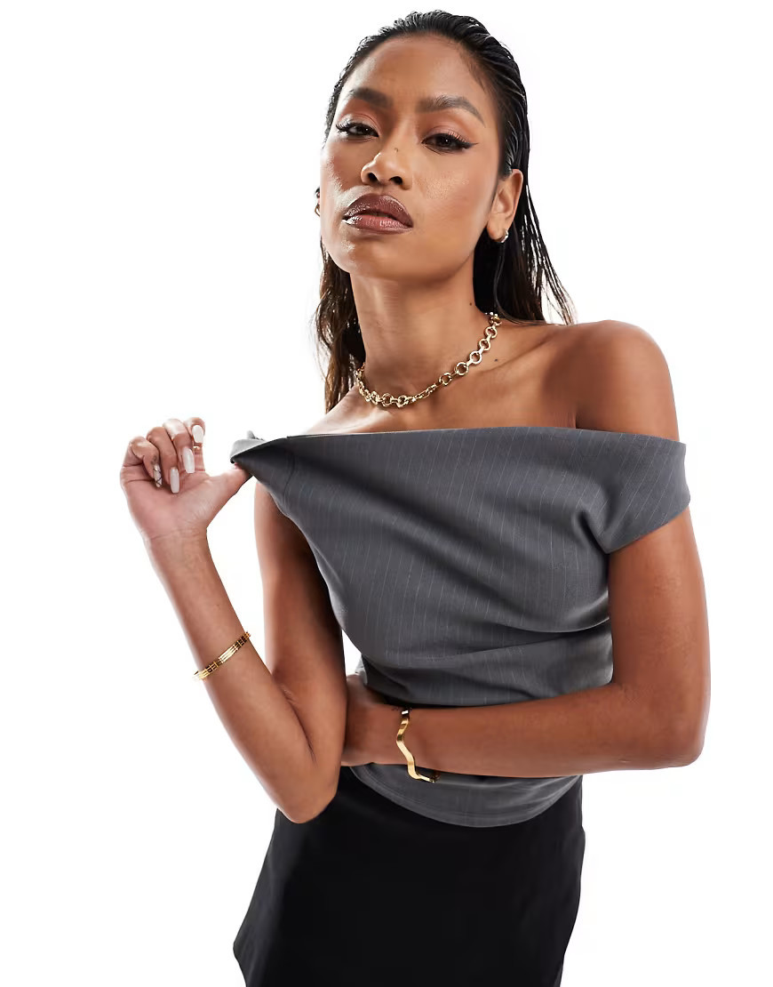 ASOS DESIGN twisted off the shoulder asymmetric top in grey pinstripe-Multi | ASOS (Global)