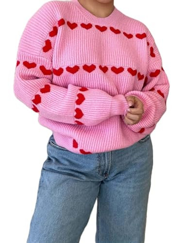 Women Heart Print Sweaters Crewneck Loose Fit Knit Pullover Casual Sweater Tops(Pink,XL) | Amazon (US)