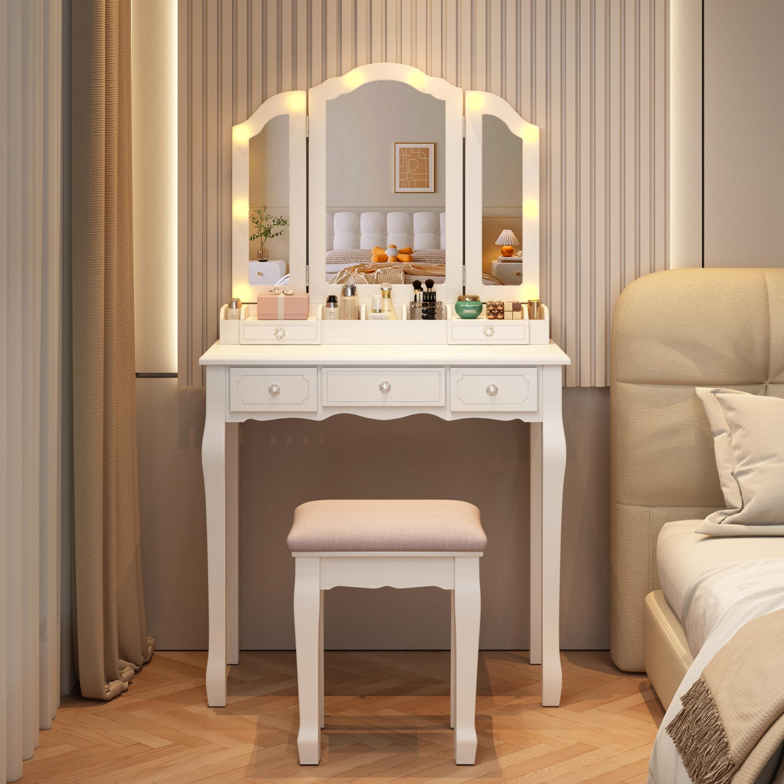 Vanity Desk Set-White Vanity Desk with Mirror and Lights Vanity Table with Drawers and Cushioned ... | Amazon (US)