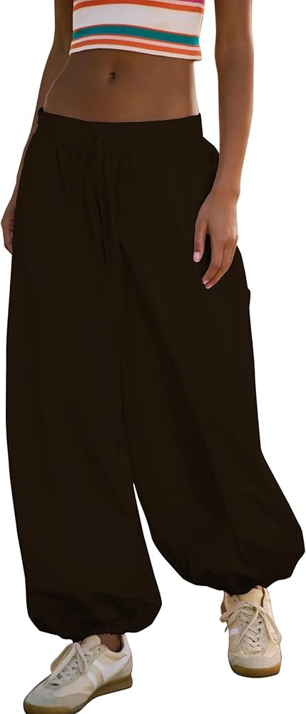 Womens Wide Leg Balloon Pants Casual Loose Drawstring Elastic Waist Palazzo Track Pants with Pock... | Amazon (US)