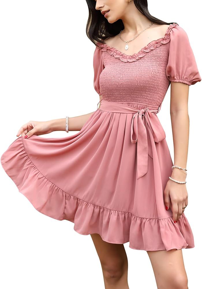EXLURA Womens Sweetheart Neckline Ruffle Dress Smocked Belted Short Puff Sleeve Tie Waist Mini Dress | Amazon (US)