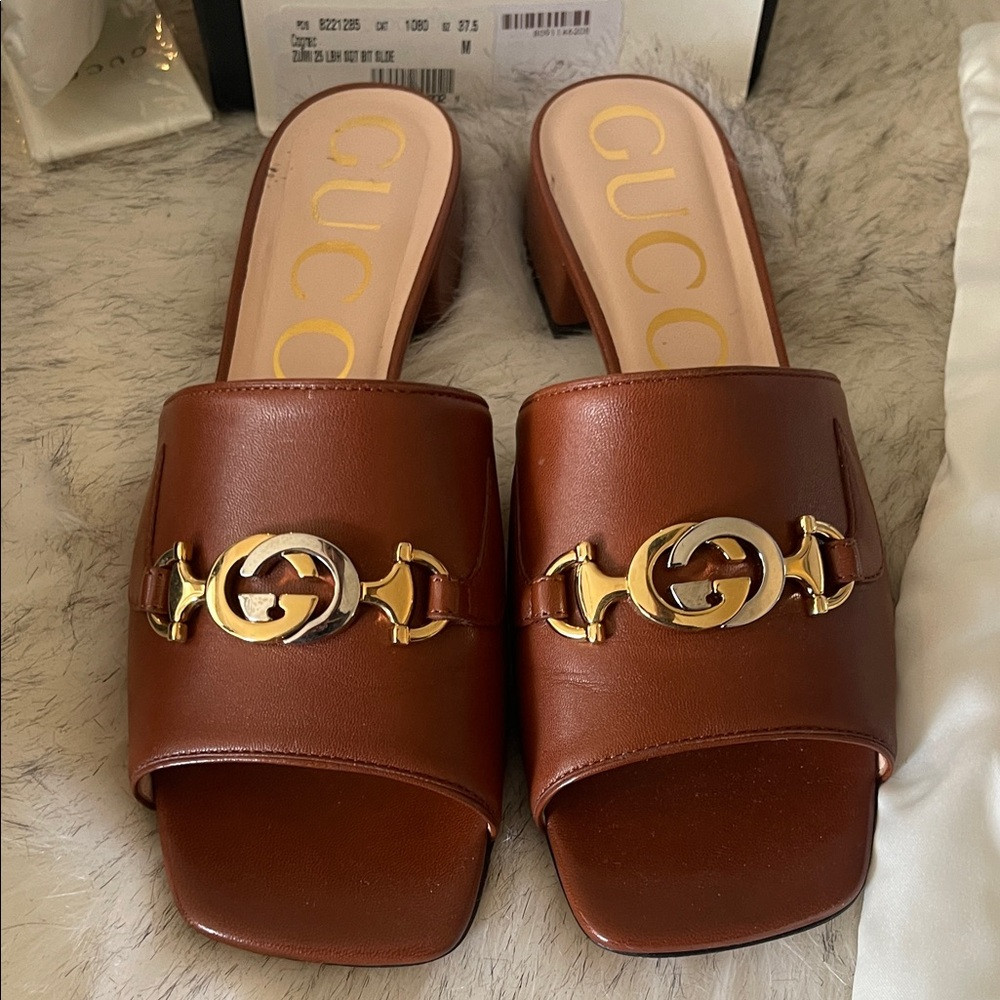 Gucci Brown Leather Slide Sandals with Gold Horsebit | Poshmark
