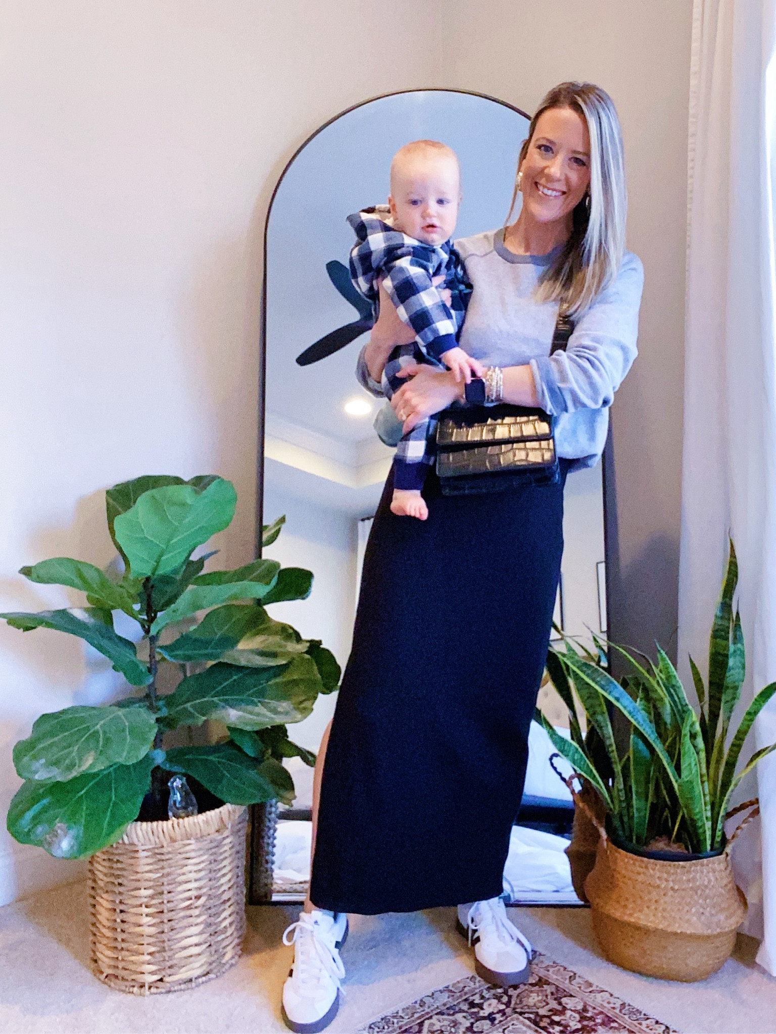 Sunday morning church outfits. 

Black Maxi Skirt: Old Navy (XS)
Grey Crewneck Sweater: Linking similar
Black Crossbody Bag: Amazon find
Adidas: Court (Sambas look for less)
Baby Winter Outfit: Mudpie 

Casual church outfit | Elevated Mom Style | Nursing Friendly Outfit | Maxi Skirt Outfit | Sambas Outfit | Mom Outfit | Old Navy Find

#LTKfindsunder50 #LTKstyletip #LTKbaby